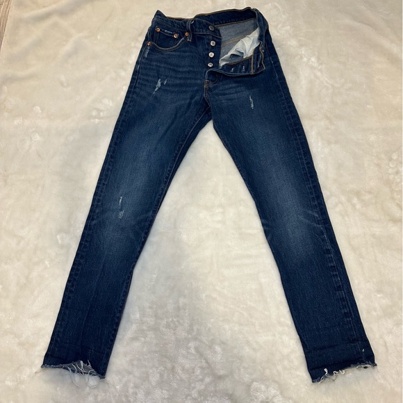 Levi's 501 Original Fit High Waist Distressed Raw Hem Dark Denim Jeans Size 25 - Picture 4 of 16